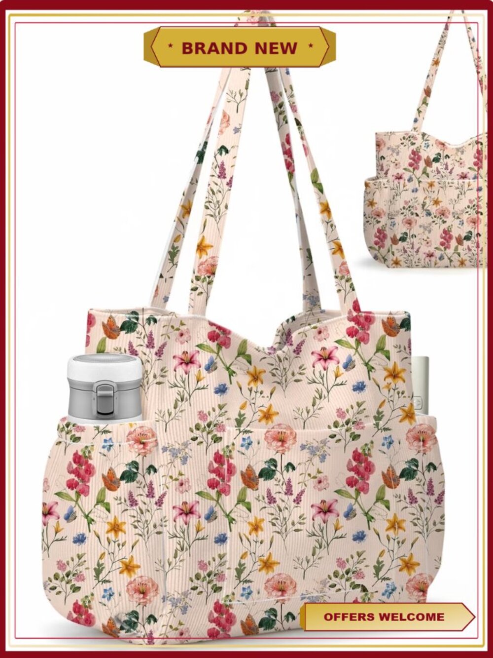 Corduroy Tote Bag Large Multiple Pockets Casual Hobo Handbag Everyday Shoulder